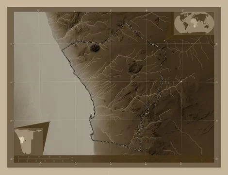 Erongo, Namibia. Elevation map colored in sepia tones with lakes and rivers Illustrazione stock