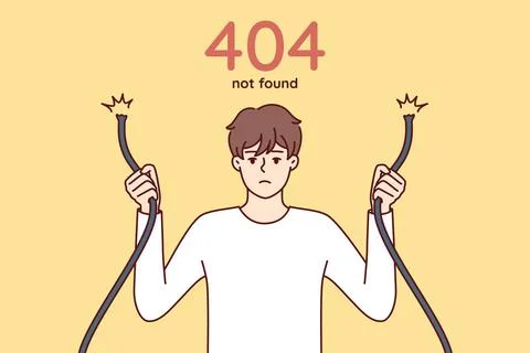 Eror 404 mit einem traurigen Mann, der ein kaputtes Kabel in der Hand hält.. Stock Photos