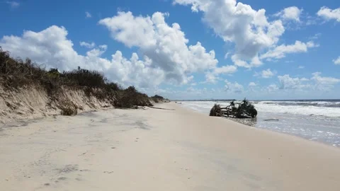 Erosion of beach sand dunes to an environmentally sensitive area close to a Stockbeeldmateriaal 304475324