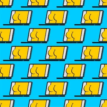 Erotica on laptop screen pattern seamless. Porn video on pc ornament. XXX bac Stock Illustration