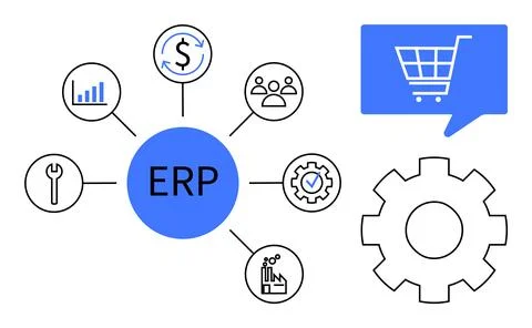 ERP central node connected to icons of analytics, finance, HR, tools, product Stock Illustration