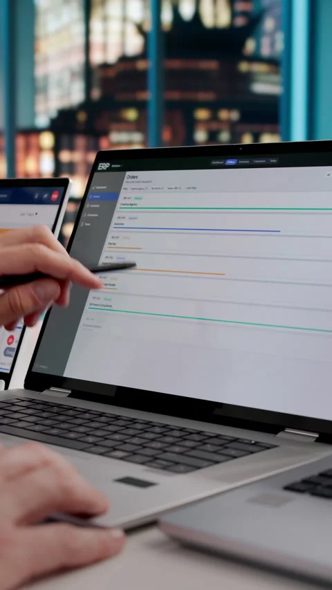 ERP Consultant Reviews Cloud Software Solutions On Laptop Stock Footage 333399398