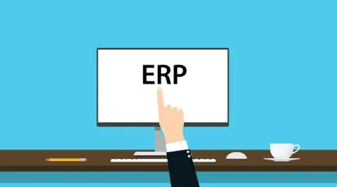 Erp enterprise resource planning concept with computer and hand Stock Illustration