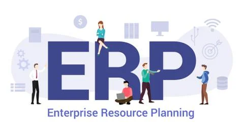 Erp enterprise resource planning concept with big word or text and team peopl Stock Illustration