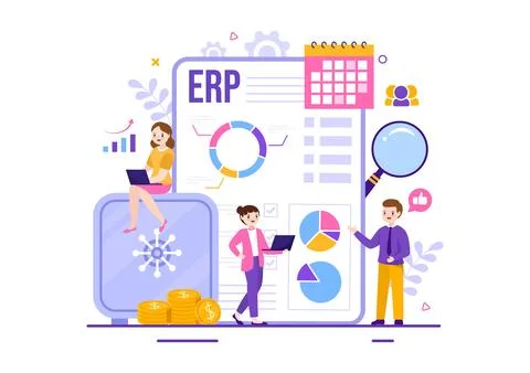 ERP Enterprise Resource Planning System Vector Illustration with Business I.. Illustrazione stock