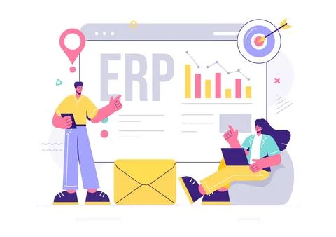 ERP Enterprise Resource Planning System Vector Illustration with Business I.. Illustrazione stock