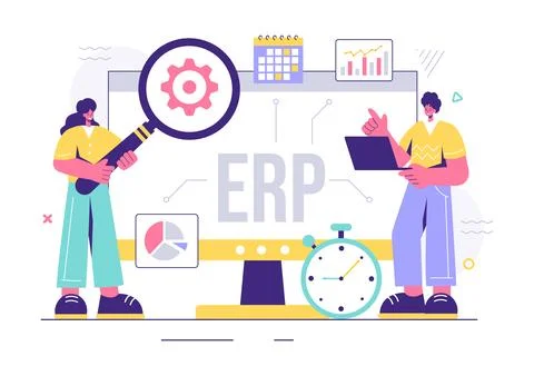 ERP Enterprise Resource Planning System Vector Illustration with Business I.. Illustrazione stock
