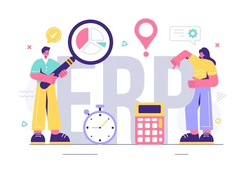 ERP Enterprise Resource Planning System Vector Illustration with Business I.. Illustrazione stock