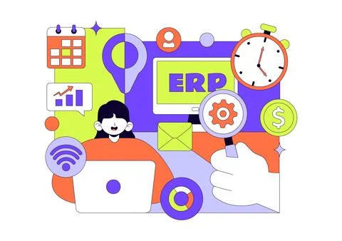 ERP Enterprise Resource Planning System Vector Illustration Featuring Busin.. Illustrazione stock