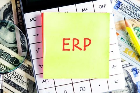 ERP - Enterprise resource planning theme. Concept word ERP on a yellow sticke Foto stock