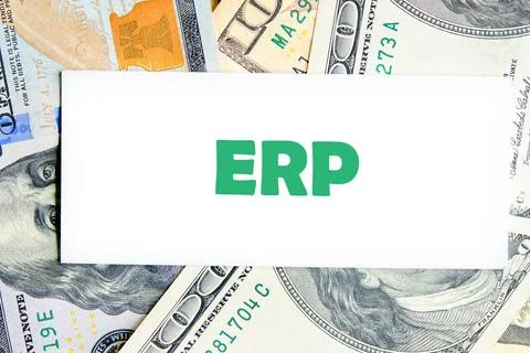 ERP - Enterprise resource planning theme. Concept word ERP on a white busines Foto stock