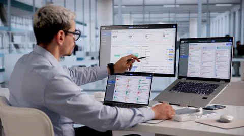 ERP Expert Evaluates Cloud-Based Integrated Management Software On Laptop For Foto stock