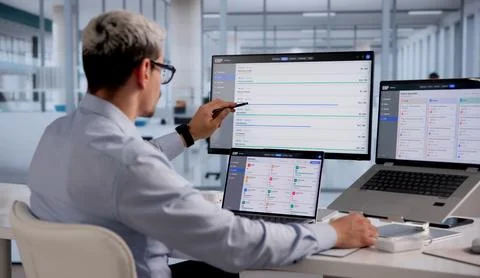ERP Expert Evaluates Cloud-Based Business Management Software On Laptop For S Foto stock