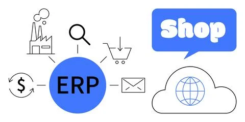 ERP Integration for E-commerce with Cloud and Shopping Elements Illustrazione stock