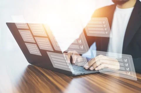 ERP Program for business, Businessman using a computer to document manageme.. Stock Photos