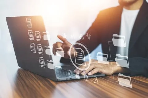 ERP Program for business, Businessman using a computer to document manageme.. Stock Photos