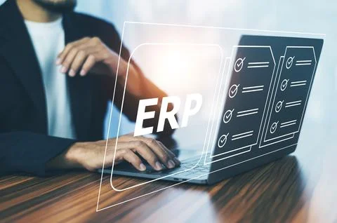 ERP Program for business, Businessman using a computer to document manageme.. Stock Photos