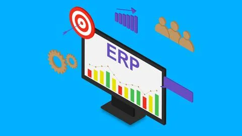 ERP software, enterprise resource planning with monitor isometric Stock Illustration
