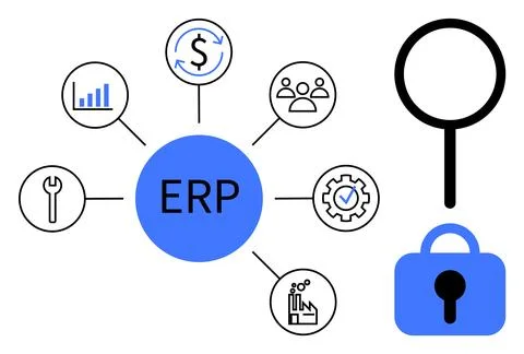 ERP System Components and Key Icons in Diagram with Security Elements Stock Illustration