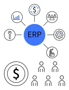 ERP System Components Connected to Finance, Human Resources, Manufacturing,.. Illustrazione stock