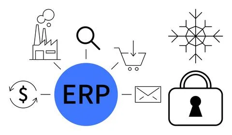 ERP system concept with interconnected icons of factory, shopping cart, mag.. Stock Illustration