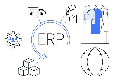 ERP system elements connecting gear, delivery truck, factory, shirts, globe,  イラスト素材
