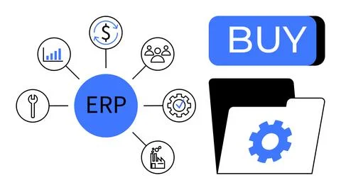 ERP system elements depicted around a central node with icons for finance, hu Stock Illustration