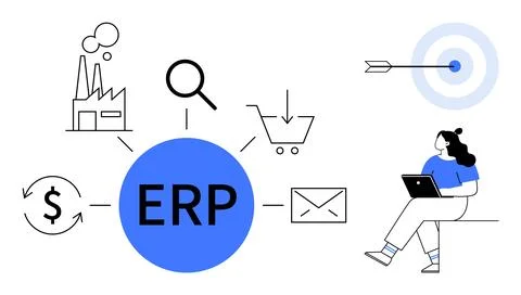 ERP System Elements with Icons for Industry, Research, Finance, Commerce, a.. Stock Illustration