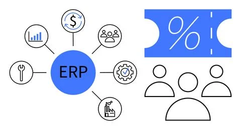 ERP System Integration with Business Metrics Icons and Team Collaboration C.. Stock Illustration