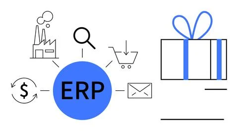 ERP System Integration with Business Operations Including Supply Chain, Fin.. Ilustración de archivo