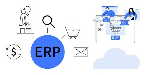 ERP system integration with e-commerce, manufacturing, and financial proces.. Stock Illustration