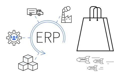 ERP system with integration icons for logistics, manufacturing, supply chain, Stock Illustration