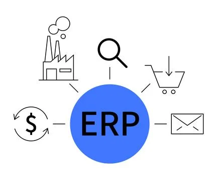 ERP System Visualization with Key Business Processes and Functional Areas Stock Illustration