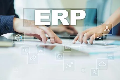 Erp on virtual screen. Business, technology and internet concept. 스톡 일러스트