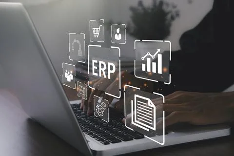 ERP,Enterprise Resource Planning.Businessman using a computer to document m.. Stock Photos