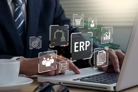 ERP,Enterprise Resource Planning.Businessman using a computer to document m.. 写真素材
