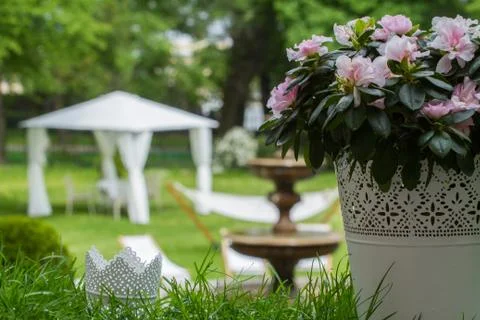 Errace restaurant in the park, with a table setting. Stock Photos