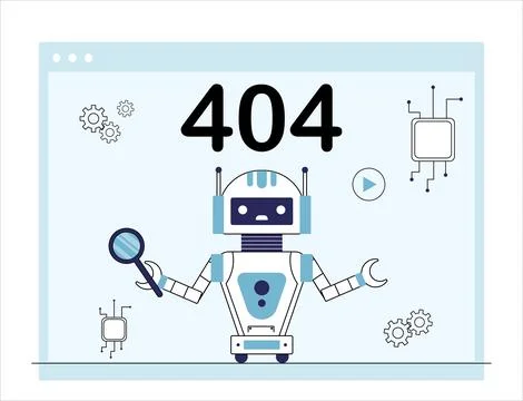 Error 404 bot. Robot with magnifying glass near chips. Oops, sorry page not Stock Illustration