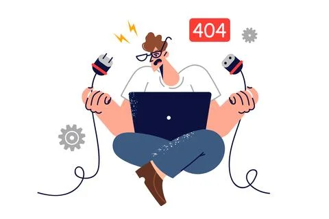 Error 404 causes panic in man with laptop holding broken wire and trying to fix Stock Illustration