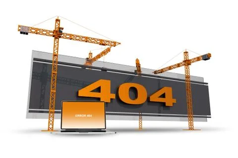 Error 404 construction site illustration with cranes and laptop computer. err Stock Illustration