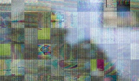 Error 404 message on display screen, damaged display screen overlay Illustrazione stock