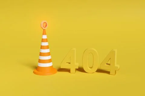 Error 404. Number 404 in three dimensions next to a safety cone on a yellow b Stock Illustration