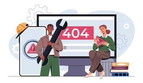 Error 404 page with maintenance team. Vector illustration Stock-Illustration