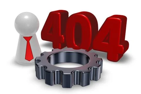 Error 404 page not found - message, pawn with tie and gear wheel - 3d illustr Stock-Illustration