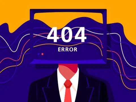Error 404. Page not found. Monitor on shoulders instead of head with cables. Illustrazione stock