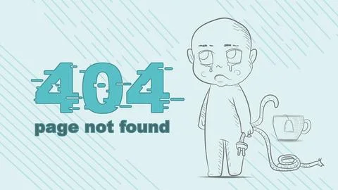 Error 404 page not found little man chibi contour drawing holding a broken .. Stock Illustration
