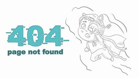 Error 404 page not found contour funny little man Chibi in a raincoat flyin.. Stock Illustration