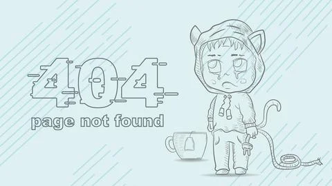 Error 404 page not found funny little man Chibi contour drawing holding a b.. Stock Illustration