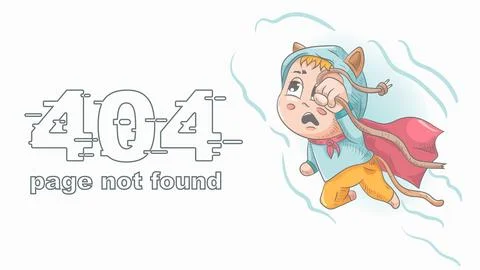 Error 404 page not found funny little man Chibi in a red raincoat flying wi.. Stock Illustration