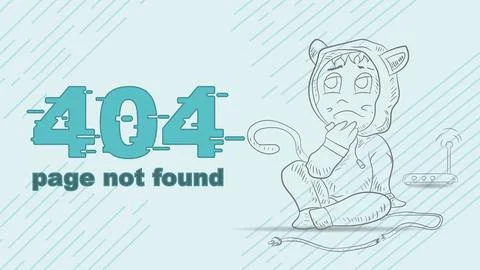 Error 404 page not found funny outline a little man Chibi sits thoughtfully.. Stock Illustration